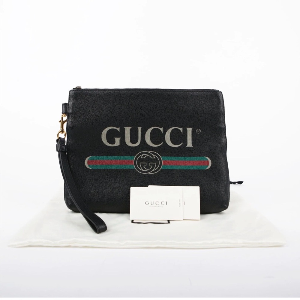 Gucci Black Leather Pouch with Logo and Stripe